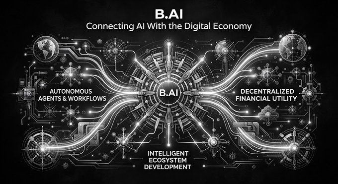 A futuristic black-and-white tech graphic for "B.AI - Connecting AI With The Digital Economy" showing interconnected nodes and labels for "AUTONOMOUS AGENTS & WORKFLOWS", "DECENTRALIZED FINANCIAL UTILITY", and "INTELLIGENT ECOSYSTEM DEVELOPMENT".