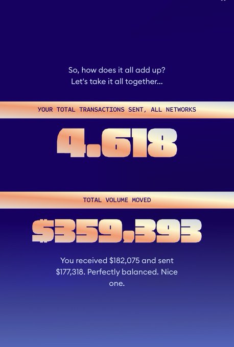 This image shows a summary of user activity with a total of 4.618 transactions sent and a total volume moved of $359,393. The accompanying post, "biz de deriniz gibi," which translates to "we also say like you," suggests that the user is either agreeing with a statement or sharing a similar experience of high transaction volume and balanced financial activity.