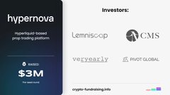An investor slide for a company called 'Hypernova' showing a 'hyperliquid-based prop trading platform' with '$3M' in funding and logos for investors like Lemniscap, CMS, VeryEarly, and Pivot Global.