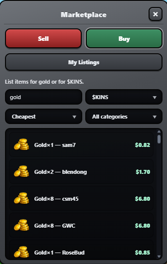 A marketplace interface showing gold listings priced under one dollar, including "Gold×1 — sam7" at $0.82 and "Gold×1 — RoseBud" at $0.85, alongside higher-priced bulk listings like "Gold×8 — csm45" at $6.80, illustrating the undercutting price war described in the post.