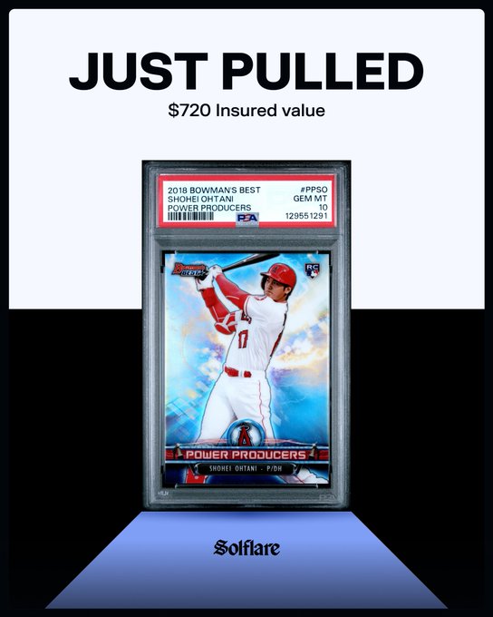 The image showcases a freshly graded PSA 10 GEM MINT 2018 Bowman's Best "Power Producers" Shohei Ohtani rookie card valued at $720, as highlighted in the post about the impressive flip from a $100 sports pack pull. The card features the Angels' two-way star mid-swing in his iconic white uniform, displayed in a PSA slab with the "Solflare" branding beneath, emphasizing the successful investment.