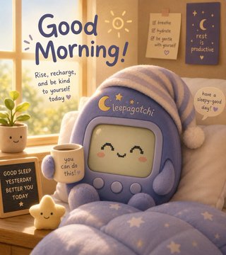 The image features a cute purple "Sleepagotchi" plush toy wearing a sleeping cap nestled in cozy bedding, with motivational morning messages like "Good Morning!" and "Rise, recharge, and be kind to yourself today ☼" displayed around a sunlit window scene. This aligns with the post's message about Sleepagotchi building healthy sleep habits and making wellness rewarding, visually capturing the cozy, sleep-focused lifestyle the brand promotes.
