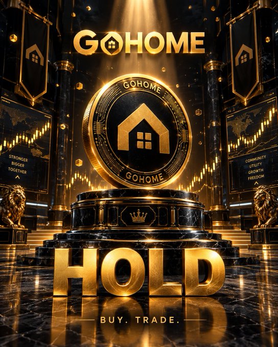 A promotional graphic with gold text reading 'GOHOME' and 'HOLD' with 'BUY. TRADE.' at the bottom, featuring a gold coin with a house logo.