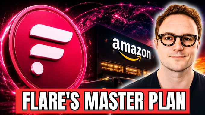 A YouTube thumbnail featuring the Flare Network logo alongside the Amazon logo and a photo of CEO Hugo Philion, with bold text reading "FLARE'S MASTER PLAN" set against a vibrant red cosmic background, visually promoting the video's comparison between Flare ($FLR) and Amazon as explained by Philion.