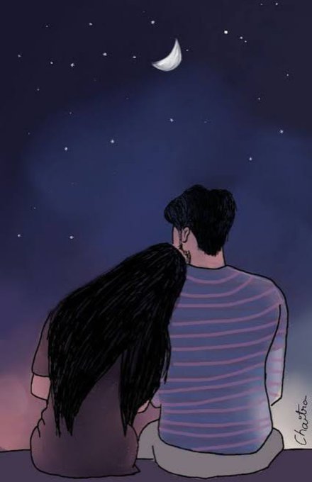 An illustration by 'Christina' showing two people sitting together from behind, looking up at a crescent moon and stars in a dark blue night sky.