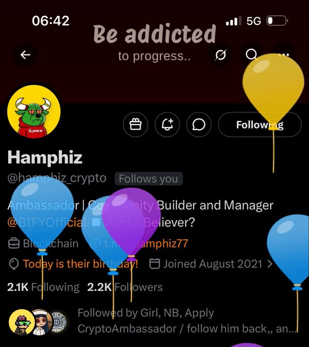 A Twitter/X profile screenshot for user 'Hamphiz' (@hamphiz_crypto), a Blockchain community builder/manager for @BIFYOfficial, showing 2.1K following and 2.2K followers, with colorful balloons overlaid.
