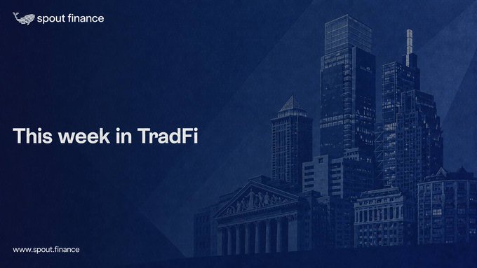 A dark blue promotional image from 'spout finance' featuring a cityscape with skyscrapers and a classical building, with the text 'This week in TradFi' and 'www.spout.finance'.