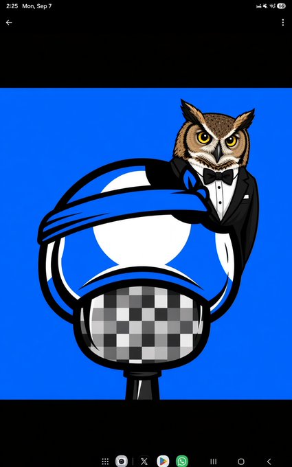 A digital illustration on a blue background shows a horned owl wearing a tuxedo and bowtie, perched on top of a checkered pommel horse grooming stand.