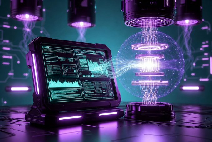 A futuristic sci-fi illustration of a holographic quantum computer or server with glowing purple and teal interfaces displaying data graphs and code, connected to a spherical energy field.