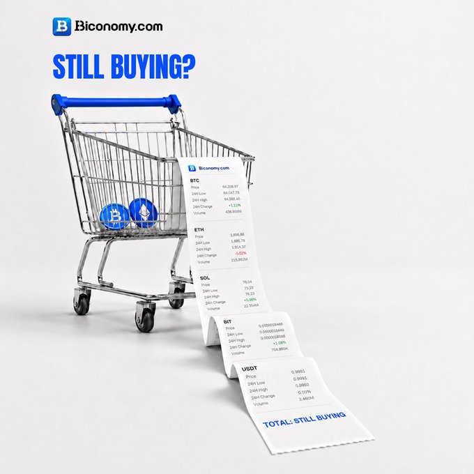 A 3D render of a shopping cart with the "Biconomy.com" logo, containing physical Bitcoin and Ethereum coins, with a long receipt printing out listing cryptocurrency prices for BTC, ETH, SOL, BIT, and USDT, ending with "TOTAL: STILL BUYING" beneath the heading "STILL BUYING?".