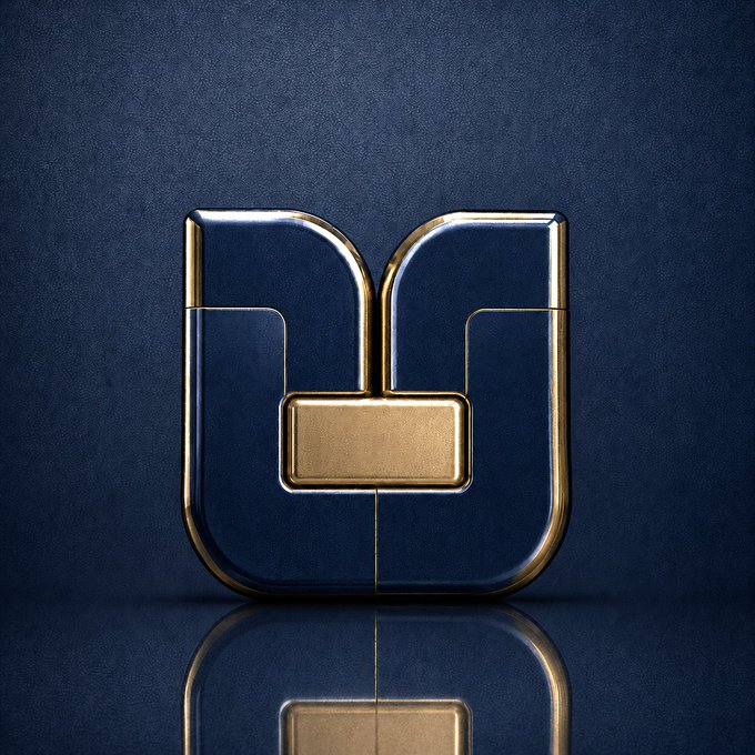 A metallic 3D rendered letter 'U' logo in gold and dark blue tones against a textured blue background with a reflective surface below.