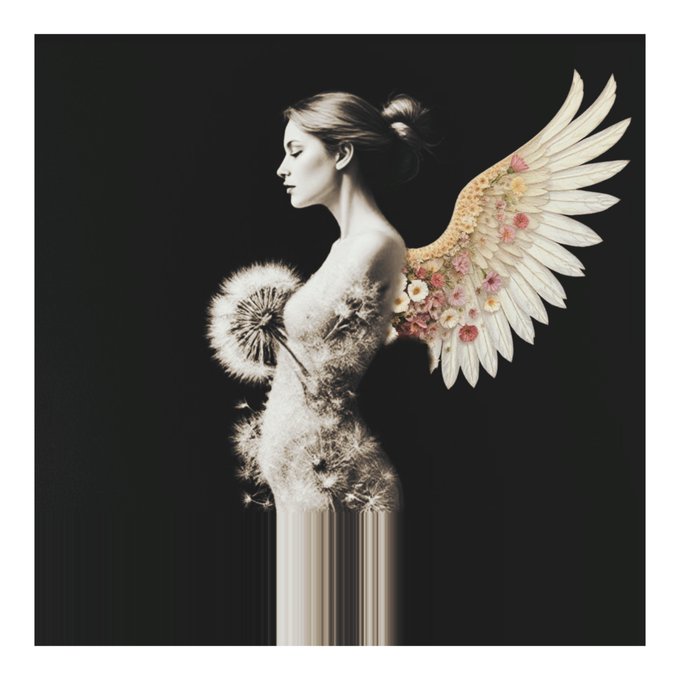 A surreal digital artwork featuring a woman's silhouette with a floral, feathered wing and dandelion seed heads forming her body, set against a black background.