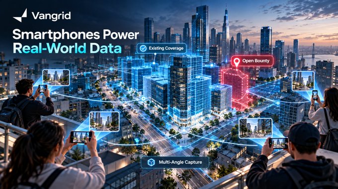 A promotional graphic for 'Vangrid' titled 'Smartphones Power Real-World Data' showing people holding smartphones that contribute to a 3D digital twin of a city, with labels for 'Existing Coverage', 'Open Bounty', and 'Multi-Angle Capture'.