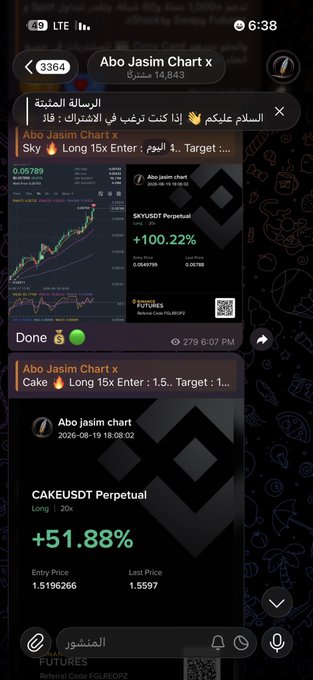Telegram channel 'Abo Jasim Chart x' (14,843 subscribers) sharing trading signals including SKYUSDT Perpetual +100.22% and CAKEUSDT Perpetual +51.88%, dated 2026-08-19.