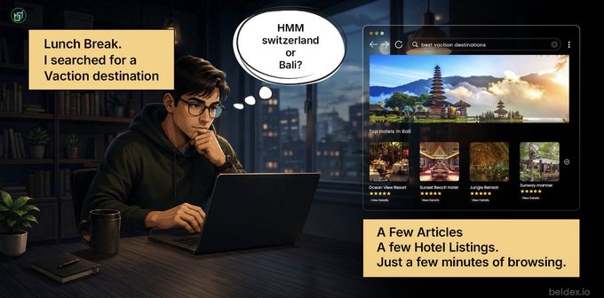 An illustration showing a man working on a laptop during a lunch break searching for vacation destinations, with a thought bubble asking 'HMM switzerland or Bali?' alongside a screenshot of vacation articles and hotel listings from beldex.io.