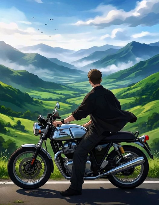 An illustration of a man in dark clothing sitting on a Royal Enfield motorcycle, overlooking a lush green mountain landscape.