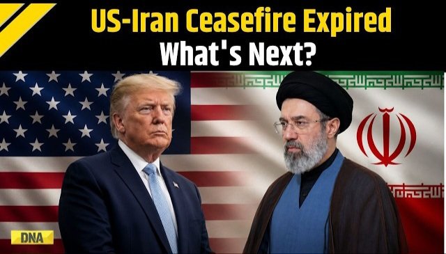 A graphic titled "US-Iran Ceasefire Expired What's Next?" features Donald Trump against the US flag and Ebrahim Raisi against the Iranian flag. This image highlights the geopolitical tension that the post notes as a factor potentially influencing markets, despite oil prices and Bitcoin remaining stable.