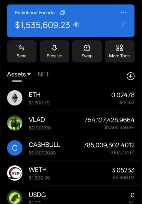 A cryptocurrency wallet interface showing a balance of $1,535,609.23, displaying assets including ETH, VLAD, CASHBULL, WETH, and USDG.