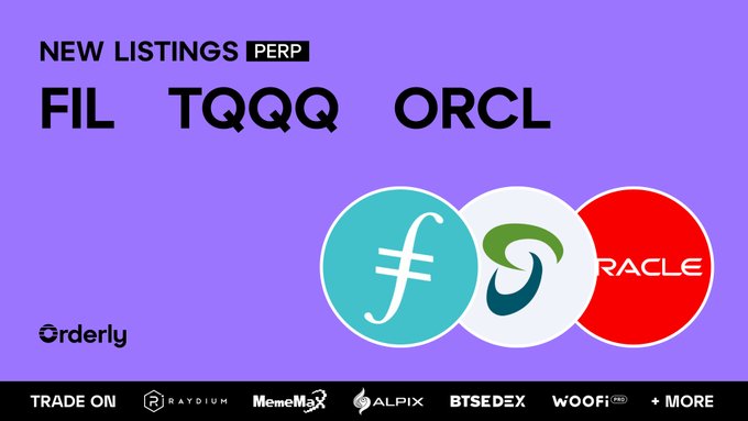A purple promotional banner announcing 'NEW LISTINGS PERP' for FIL, TQQQ, and ORCL with their respective logos, from Orderly network, with partner exchanges listed at the bottom.