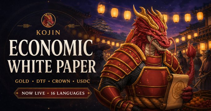 A promotional banner for 'KOJIN ECONOMIC WHITE PAPER' featuring a red samurai dragon in armor holding a scroll, with text noting 'NOW LIVE · 16 LANGUAGES' and listing GOLD, DTF, CROWN, and USDC.