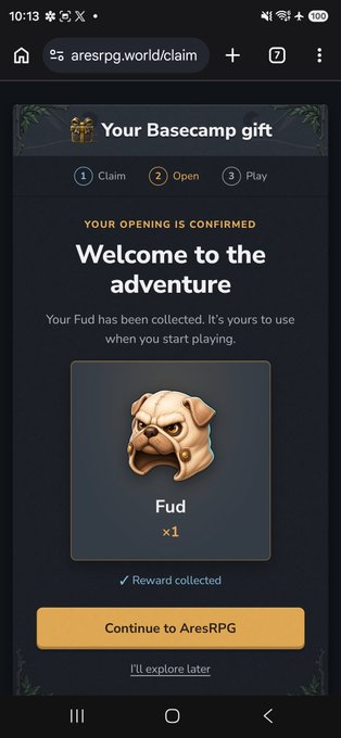 A mobile screenshot from aresrpg.world showing a 'Welcome to the adventure' message, confirming a Basecamp gift of a 'Fud' character (a pug) has been collected.