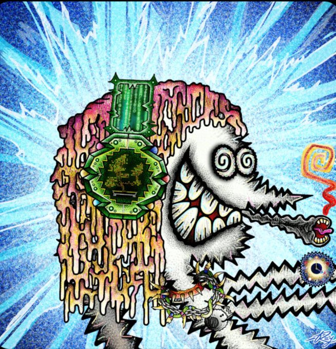 A vibrant, psychedelic digital illustration featuring a chaotic amalgamation of surreal elements: a green pixelated digital watch face with a jagged outline, a wide grinning mouth with many sharp teeth, a spiral-eyed white creature head, dripping melting colors in pink and yellow, a small screaming figure inside a jagged mouth on the right, lightning bolt shapes in black, a blue eye, spiked chains, and a bright blue background with radiating light beams. The initials 'AB' are signed in the bottom right corner.
