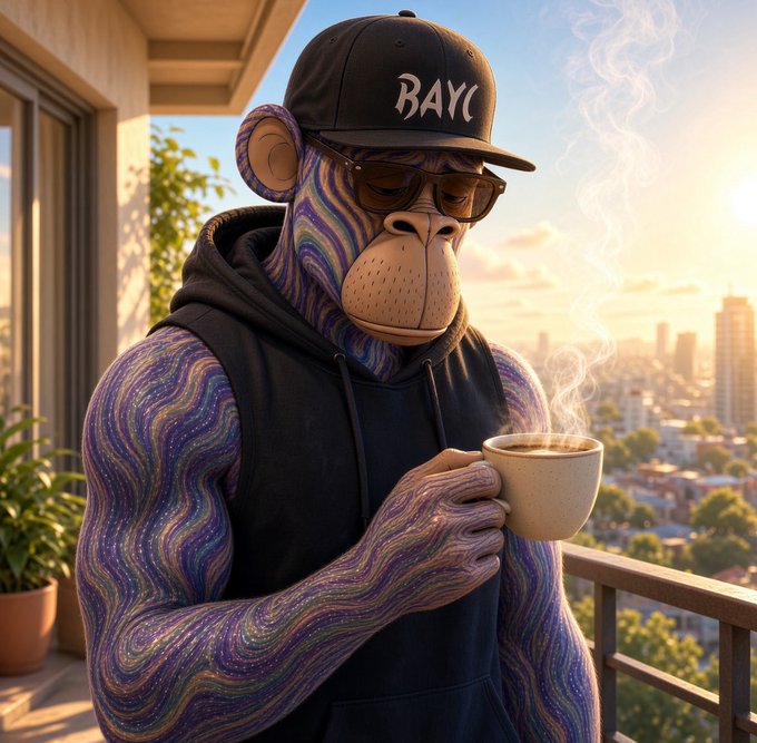 A person in a colorful full-body suit with a monkey mask, sunglasses, black hoodie, and a black cap reading “BAYC” holds a steaming cup on a balcony overlooking a city at sunset.