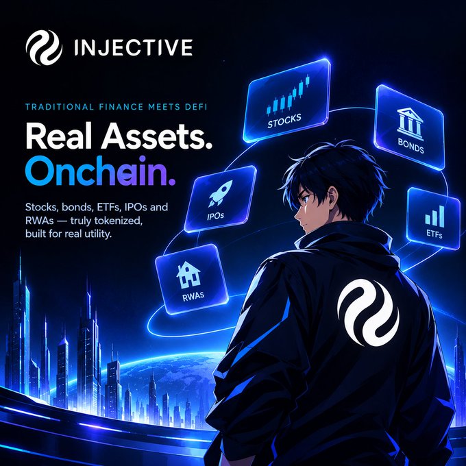 An Injective promotional graphic with the headline 'Real Assets. Onchain.' featuring an anime-style character looking at floating panels labeled 'STOCKS', 'BONDS', 'IPOS', 'ETFS', and 'RWAS'.