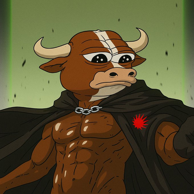 A cartoon illustration of a muscular anthropomorphic bull wearing a black hooded cloak with a red emblem and a silver chain necklace, set against a green background with falling particles.
