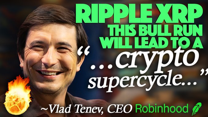 A YouTube thumbnail featuring Vlad Tenev, CEO of Robinhood, with bold text reading 'RIPPLE XRP THIS BULL RUN WILL LEAD TO A ...crypto supercycle...' along with a flaming money emoji.