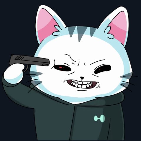 A cartoon cat character with an angry expression pointing a gun, wearing a dark hoodie.