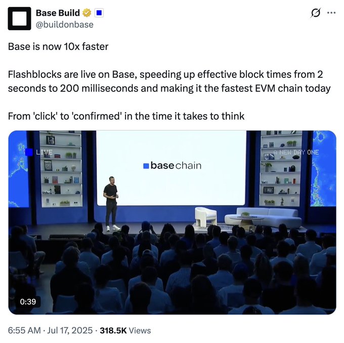 A tweet from Base Build (@buildonbase) announcing 'Base is now 10x faster' with Flashblocks live, shown alongside an image of a 'base chain' presentation at 318.5K views, dated Jul 17, 2025.