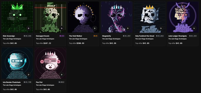 Grid of NFT profile pictures from 'The Late Stage Archetypes' collection, showing various stylized characters including 'Risk Sovereign', 'The Void Walker', 'Simpfatity', and 'Grip Funkled the Great' with their respective prices.