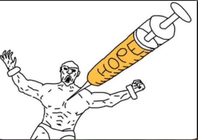 A black and white cartoon illustration of a muscular man being injected with a large syringe labeled 'HOPE'.
