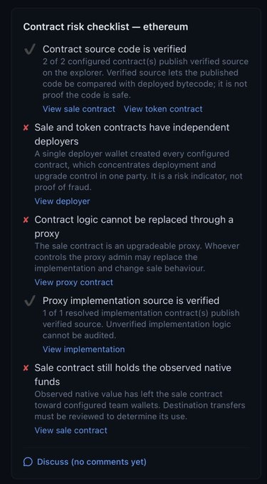 A dark-themed 'Contract risk checklist — ethereum' interface displays several verified and flagged contract risks with details about source code verification, deployers, proxies, and native funds.