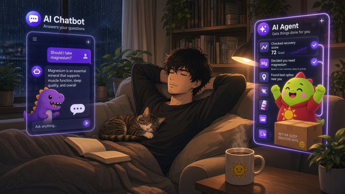 An anime-style illustration of a person relaxing on a couch with a cat, flanked by holographic AI Chatbot and AI Agent interfaces.