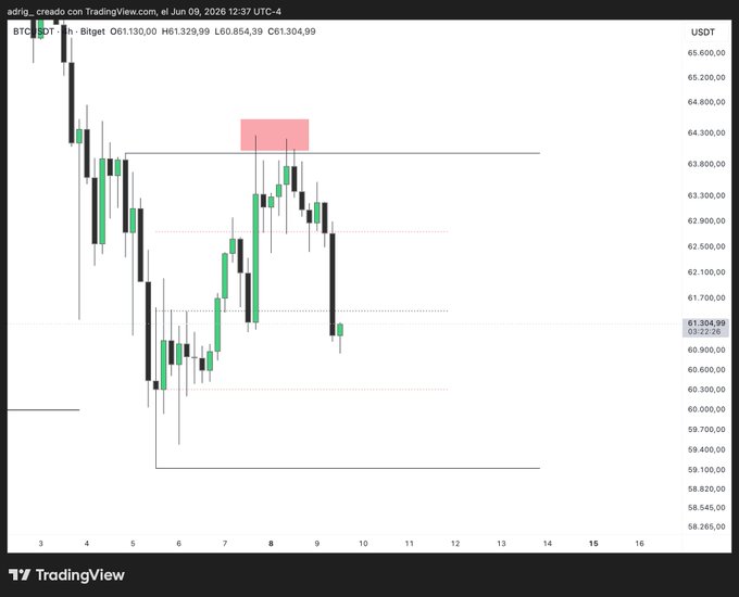 The image shows a Bitcoin trading screen with lines representing daily price movements, likely at a stock chart or trading graph. The text on the screen mentions Bitcoin has been manipulated by some extreme amount and it seems Bitcoin is back...