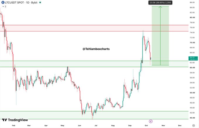A TradingView 1-day candlestick chart of LTCUSDT (Litecoin/Tether) on Bybit, watermarked '@Tehlamboxcharts', showing a recent upward price movement highlighted with a green projected box.