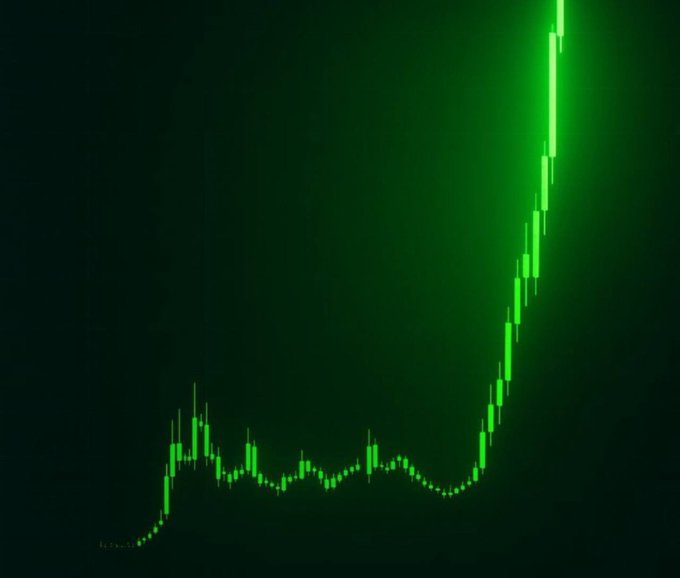 A glowing green candlestick chart shows a prolonged period of sideways consolidation followed by a sharp, near-vertical breakout to new highs, visually reinforcing the post's claim that SUI's next leg up will be "legendary."