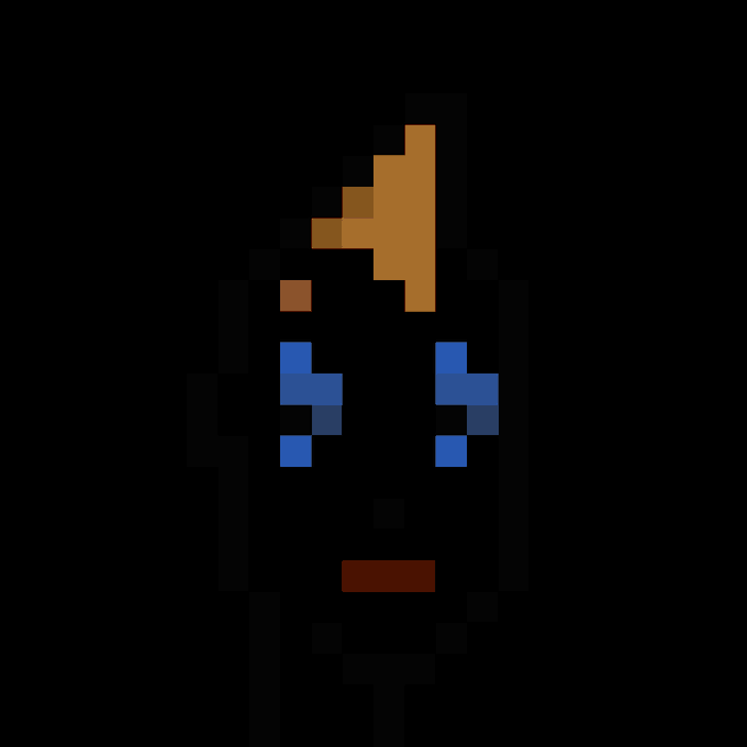 A pixel art rendering of a dark-haired anime-style character with orange hair accents, blue eyes, and red lips against a black background.