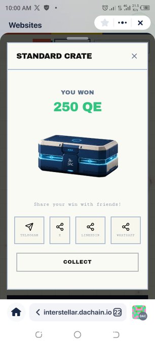 A mobile screenshot of an "interstellar.dachain.io" website showing a "STANDARD CRATE" loot box win of "250 QE" with social sharing buttons for Telegram, X, LinkedIn, and WebTapp.