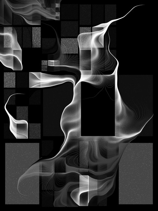 A monochromatic digital artwork featuring flowing, smoke-like white wisps weaving across a black background with a textured grid of dark gray squares.