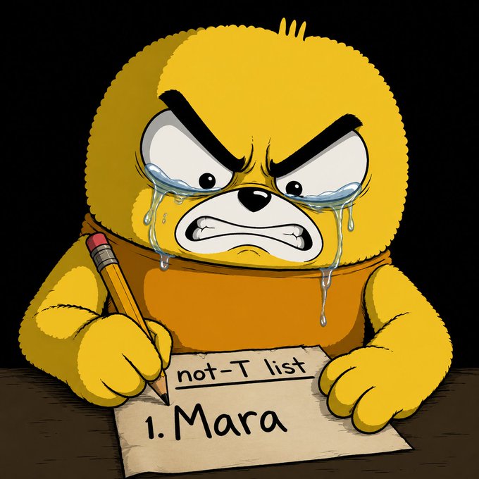 A furious, crying yellow cartoon bear writes "not-T list: 1. Mara" on a piece of paper with a pencil, sarcastically labeling Mara as a "not" while implying the actual T went to @LeonidasNFT. The image humorously illustrates the post's frustration that LeonidasNFT received the prize Mara was passed over for.