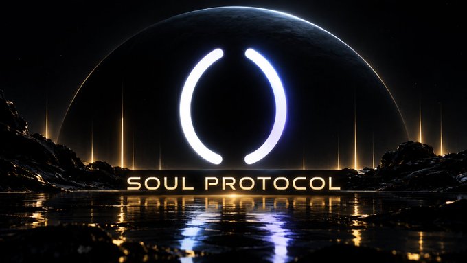 A sci-fi logo titled 'SOUL PROTOCOL' featuring glowing parentheses-like symbols against a dark planet backdrop reflected in water.