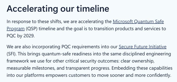 Microsoft announcement titled 'Accelerating our timeline' detailing the Quantum Safe Program (QSP) goal to transition products to PQC by 2029, integrated with the Secure Future Initiative.