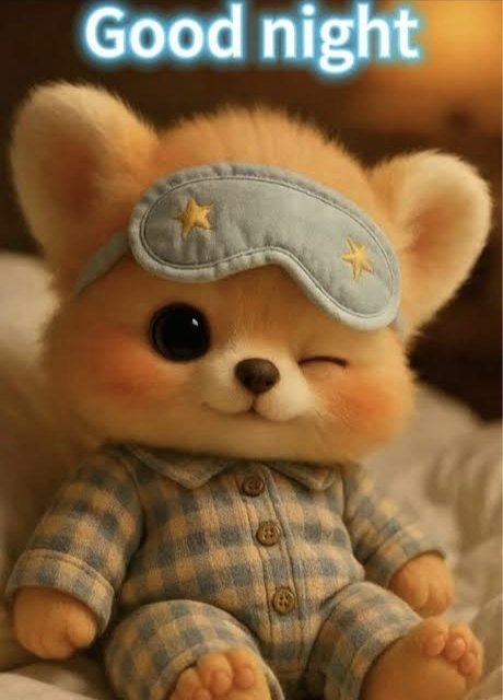 A cute fluffy teddy bear plush wearing a star-decorated sleeping mask and blue plaid pajamas, with 'Good night' text above.