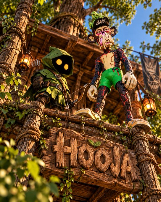 Two stylized fantasy characters, one in a green hooded cloak with glowing yellow eyes and another with a 'BAYC' hat and green shorts, standing on a wooden structure labeled 'tHOONA'.