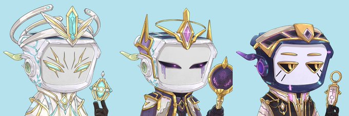 Three stylized white robotic characters with ornate headpieces featuring different colored gems (blue/teal, purple, and gold), each holding unique items including a lantern and orb against a light blue background.