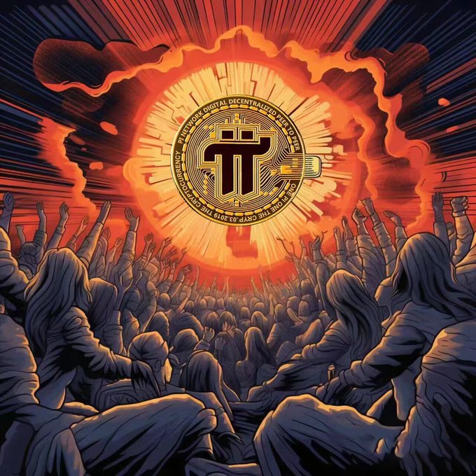 A dramatic illustration shows a crowd of robed figures raising their hands toward a glowing coin emblazoned with a 'TT' symbol, surrounded by the text 'DIGITAL DECENTRALIZED PEER TO PEER CURRENCY' against a fiery red sky.
