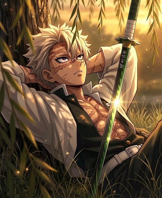 An anime illustration of a scarred, white-haired man leaning against a tree holding a green katana, with Japanese characters on the sword's sheath and a sunset sky visible through willow branches.